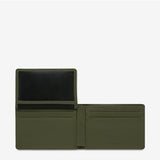 Open Status Anxiety Jonah Wallet in khaki showing card slots and compartments, made of durable leather.