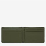 Open Status Anxiety Jonah Wallet in khaki showing multiple card slots and cash compartment, made of durable leather.
