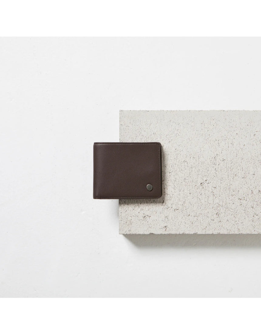 Status Anxiety Leonard Wallet in chocolate leather, featuring multiple card slots and a sleek design.