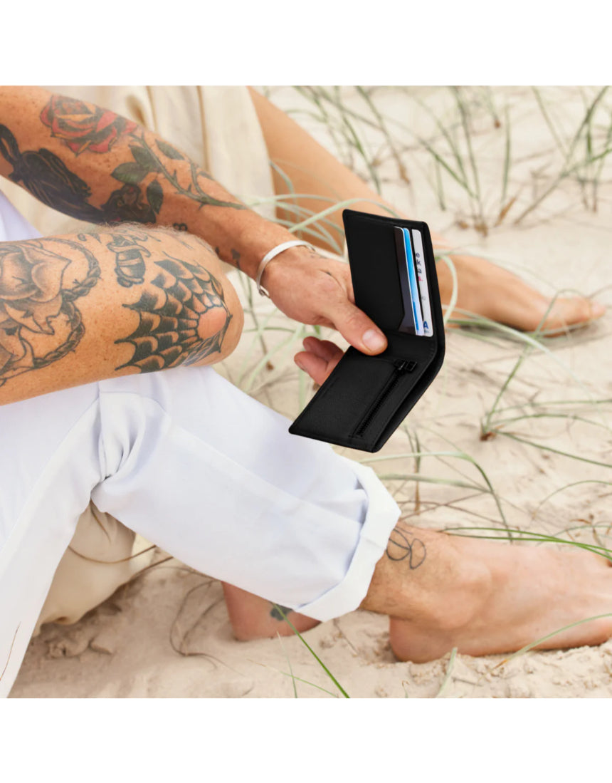 Black Status Anxiety Otis Wallet with multiple card slots and a sleek compact design, perfect for everyday use.