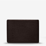 Status Anxiety Otis Wallet in chocolate brown, showcasing a sleek leather design with multiple card slots and a minimalist style.
