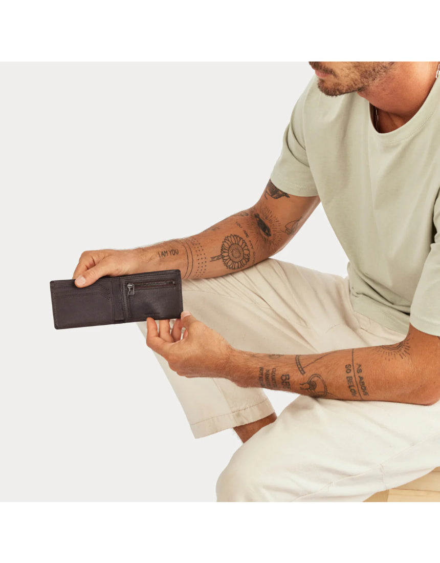 Status Anxiety Otis Wallet in chocolate color, featuring multiple card slots and a sleek, minimalist design.