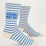 Blue Q men's socks featuring humorous "Asshole Brother" design, made of comfortable fabric, with a colorful and playful pattern.