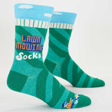 Blue Q men's socks featuring a lawn mowing design, casual ankle-length socks with colorful, playful pattern.