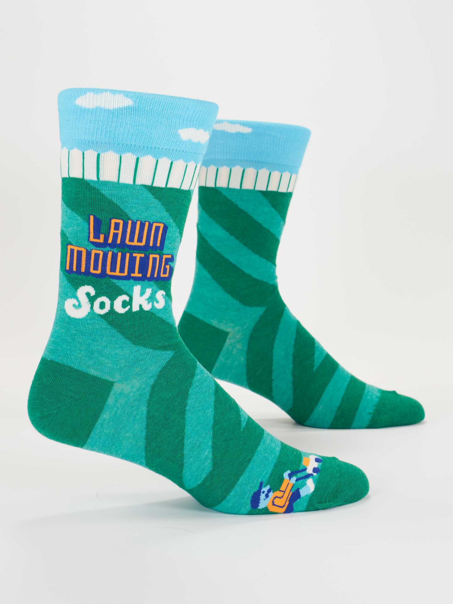 Blue Q men's socks featuring a lawn mowing design, casual ankle-length socks with colorful, playful pattern.