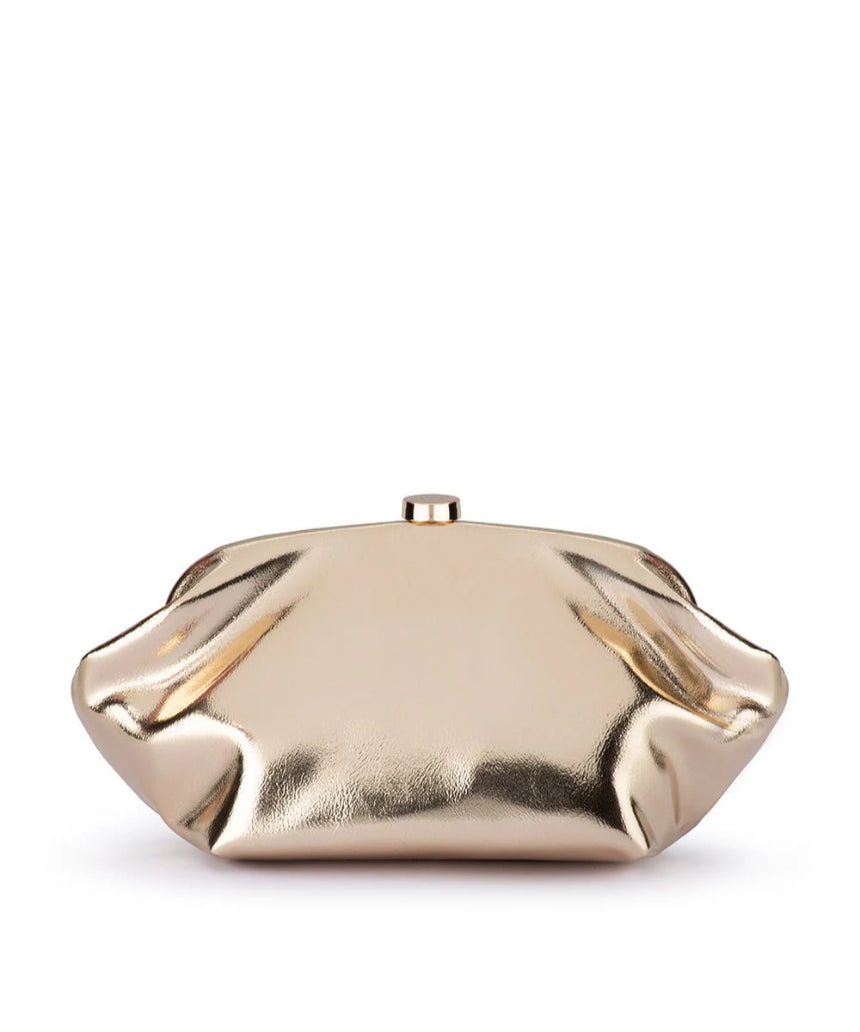 Olga Berg Tally metallic gold clutch bag with sleek design and shiny finish, perfect for evening or special occasions.