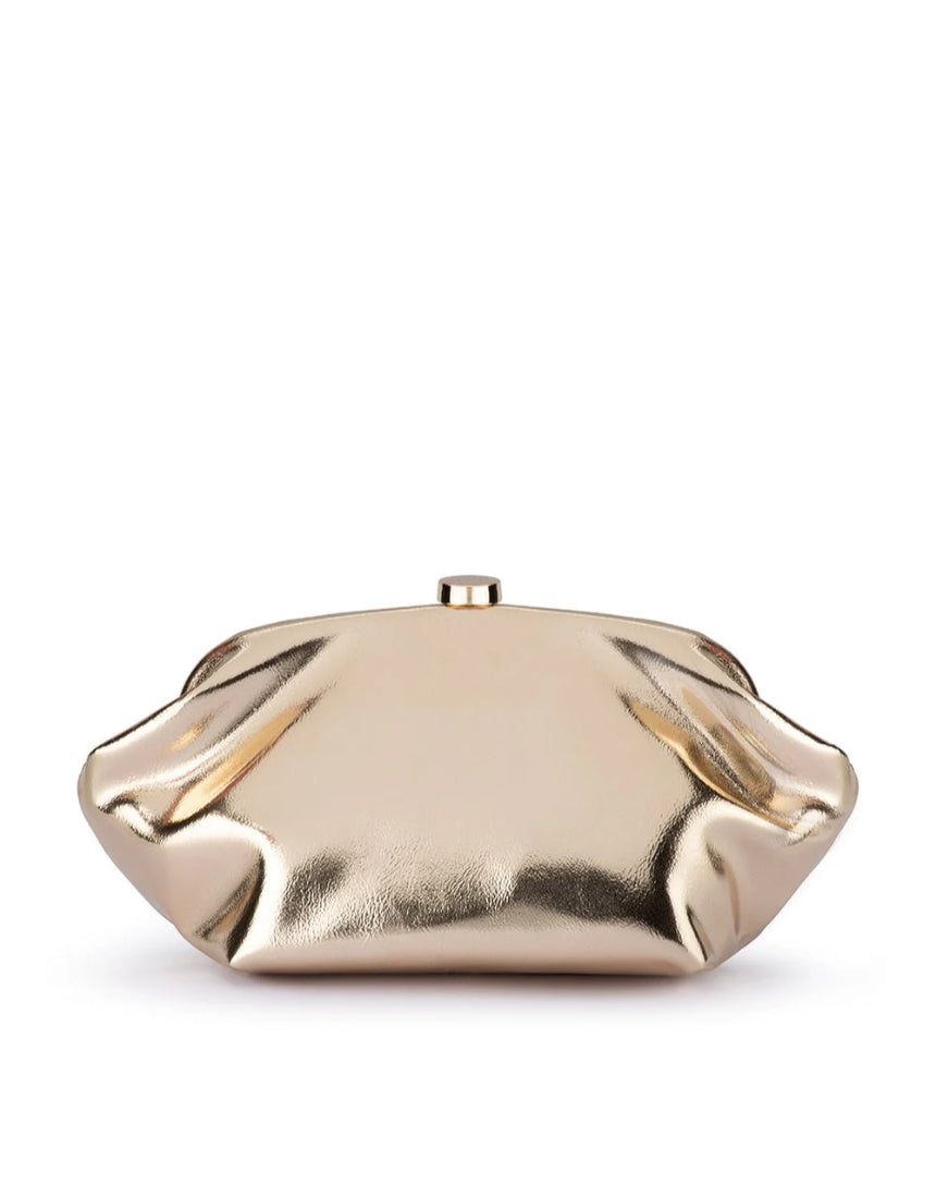 Olga Berg Tally metallic gold clutch bag with sleek design and shiny finish, perfect for evening or special occasions.