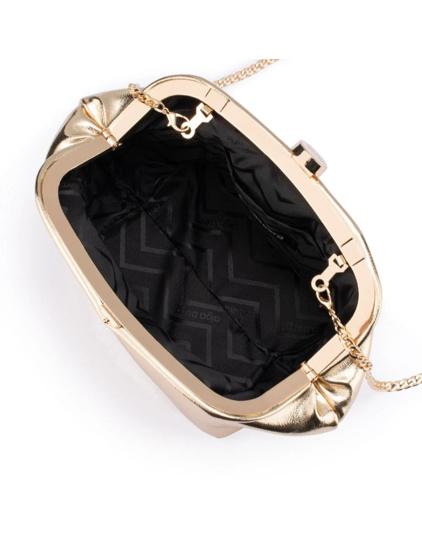 Olga Berg Tally metallic gold clutch bag with a sleek, shiny finish and elegant clasp closure.