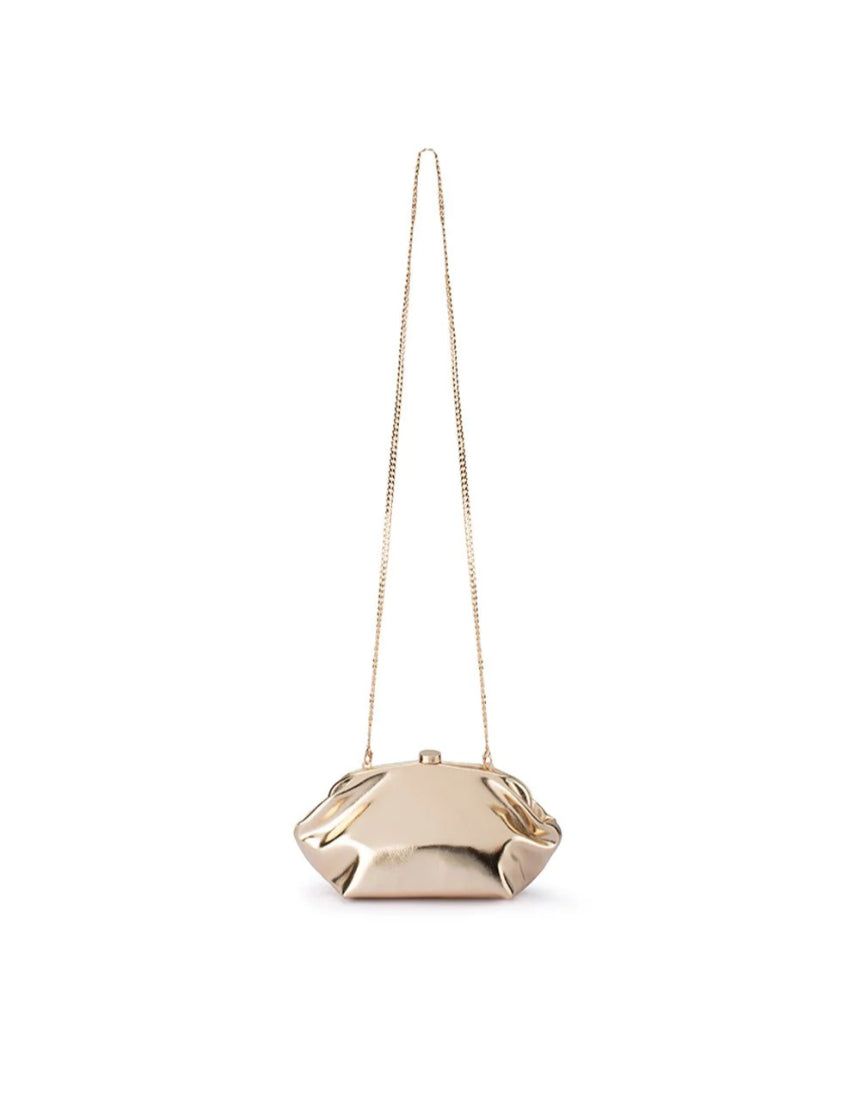 Olga Berg Tally metallic gold clutch bag with sleek design and shiny finish, perfect for evening events and special occasions.
