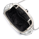 Olga Berg Tally metallic silver clutch bag with sleek design and shiny finish, perfect for evening events and formal occasions.