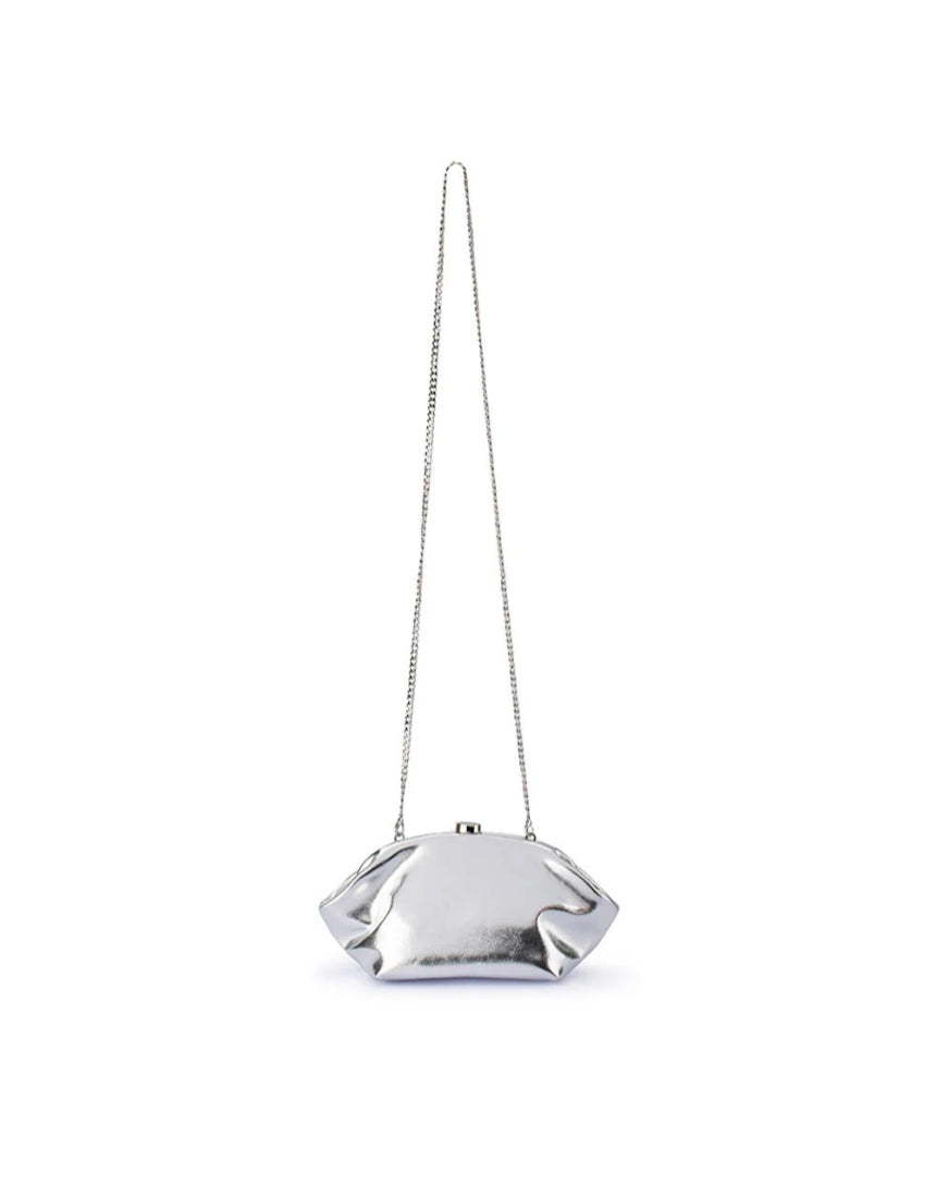 Olga Berg Tally metallic silver clutch bag with a sleek, shiny finish and modern design for evening or special occasions.