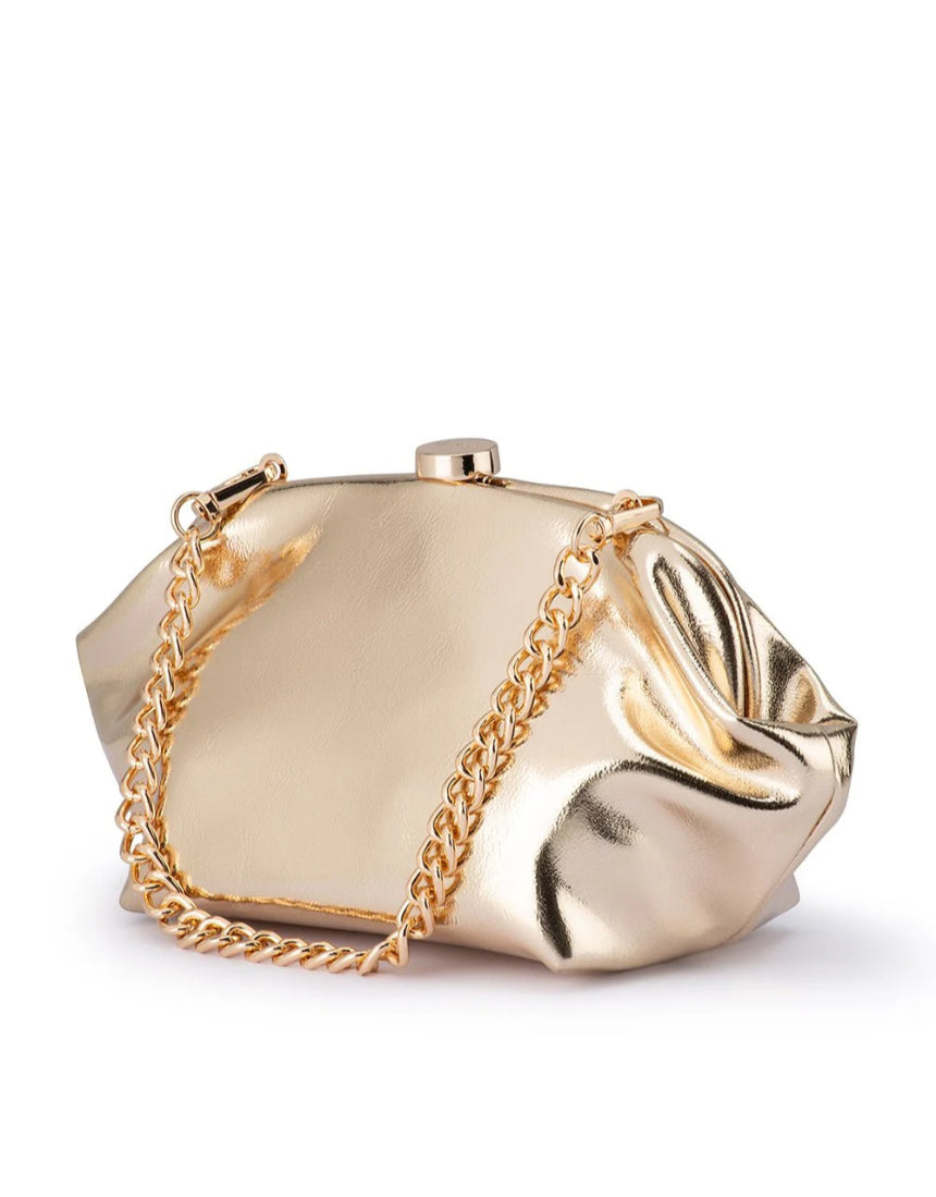 Olga Berg Tally metallic gold clutch bag with sleek design and compact size, perfect for evening occasions.
