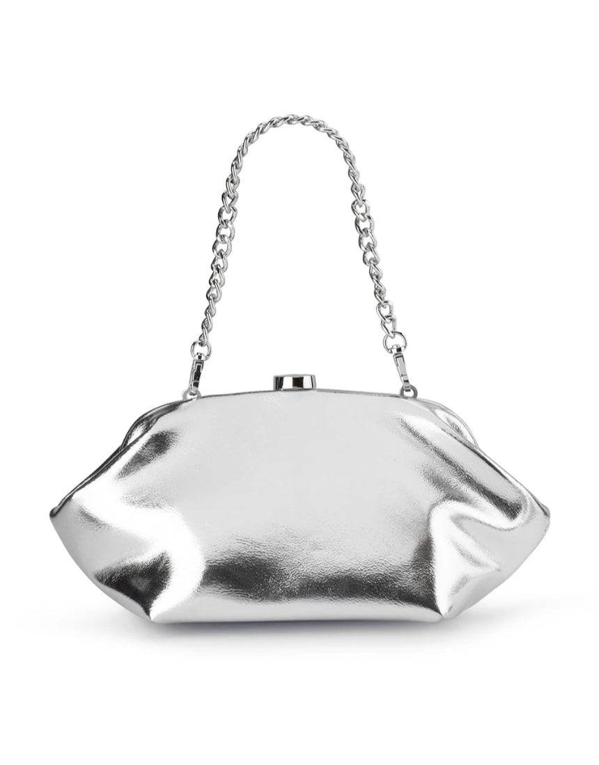 Olga Berg Tally metallic silver clutch bag with a sleek, shiny finish and compact design for evening occasions.