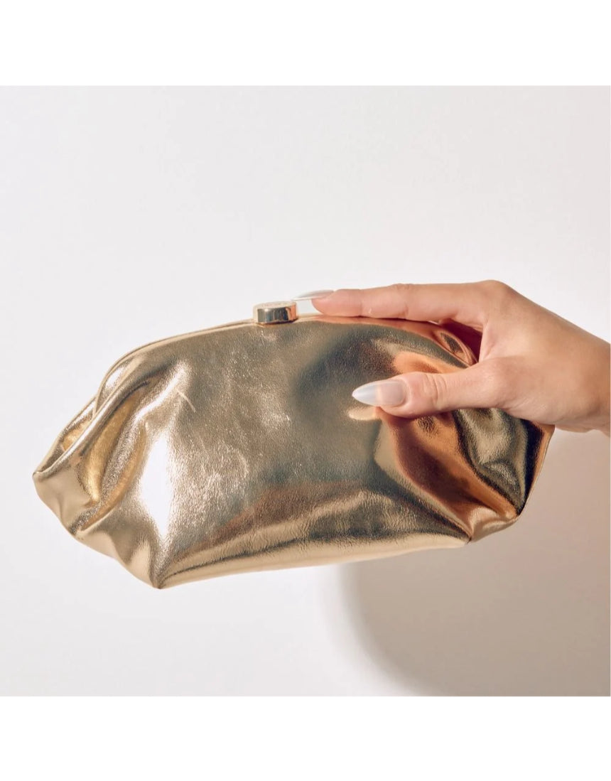 Olga Berg Tally metallic gold clutch bag with sleek design and shiny finish, perfect for evening or special occasions.