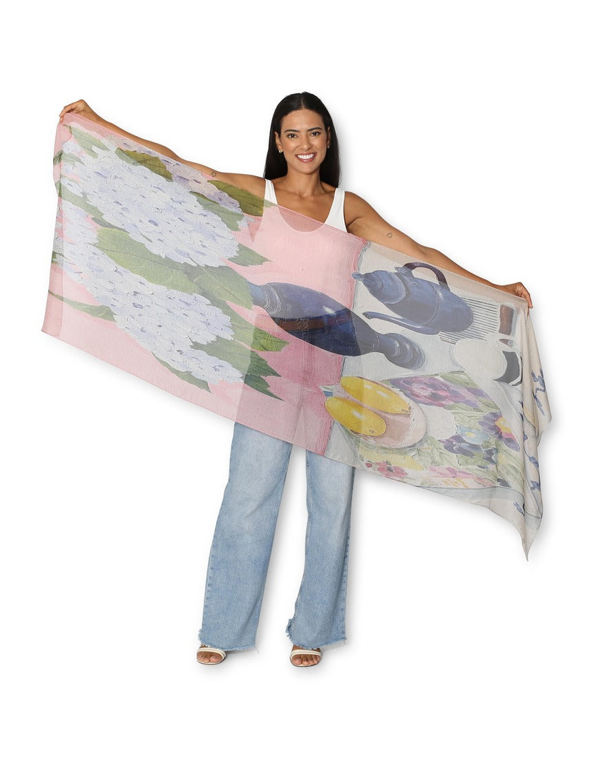 The Artists Label - Blue Hydrangeas and the Book of Flowers Silk Scarf - flat