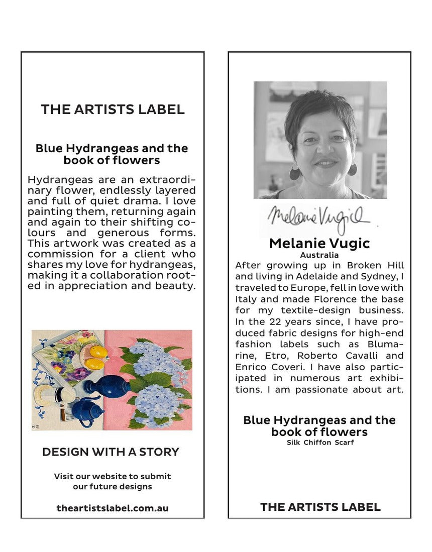 The Artists Label - Blue Hydrangeas and the Book of Flowers Silk Scarf hang tag