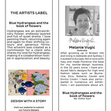 The Artists Label - Blue Hydrangeas and the Book of Flowers Silk Scarf hang tag