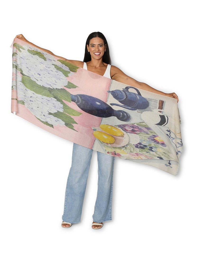 The Artists Label - Blue Hydrangeas and the Book of Flowers Wool Scarf - flat