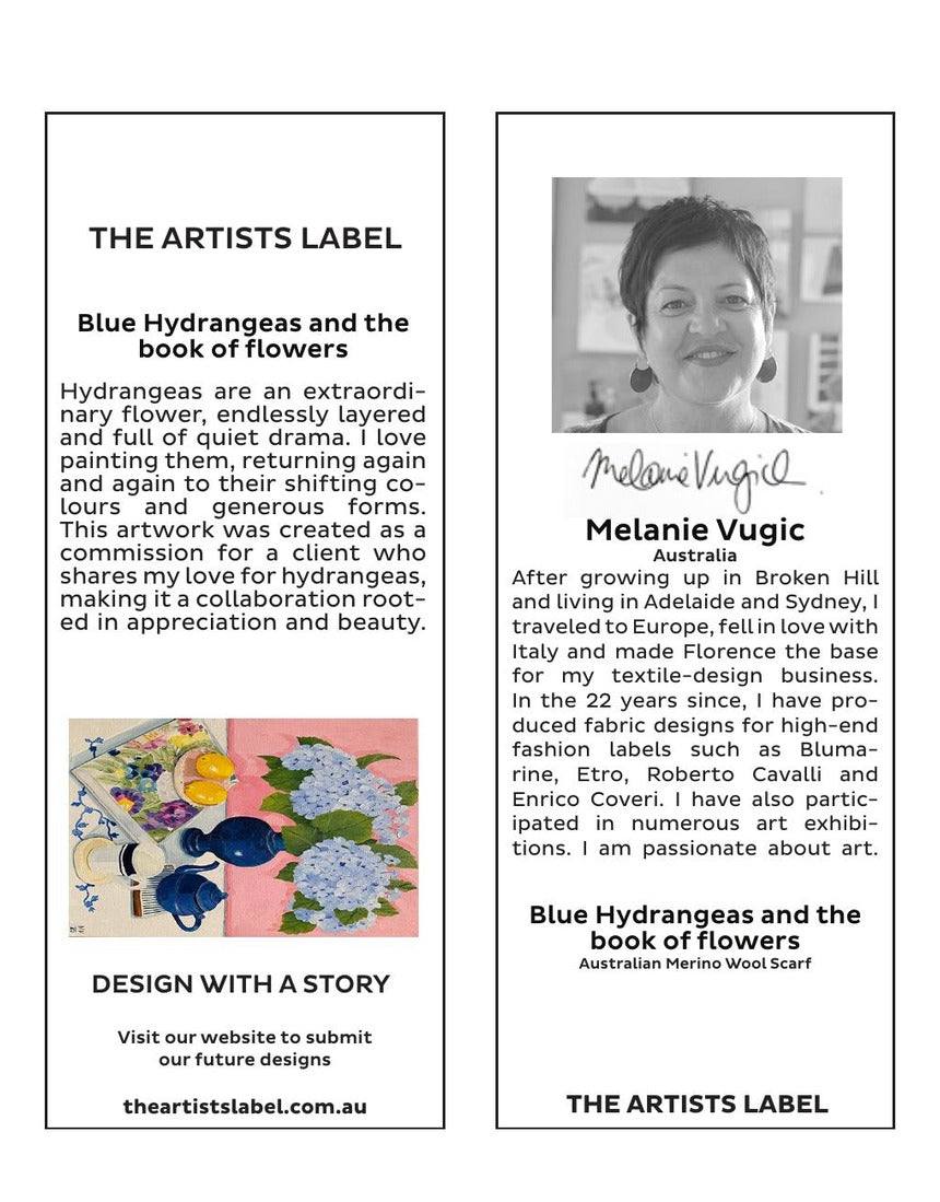The Artists Label - Blue Hydrangeas and the Book of Flowers Wool Scarf hang tag