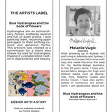 The Artists Label - Blue Hydrangeas and the Book of Flowers Wool Scarf hang tag