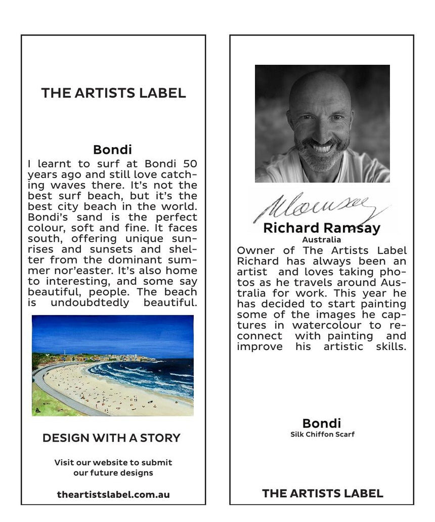 Silk chiffon scarf by The Artists Label featuring a vibrant Bondi design, displayed hanging with a brand hangtag.