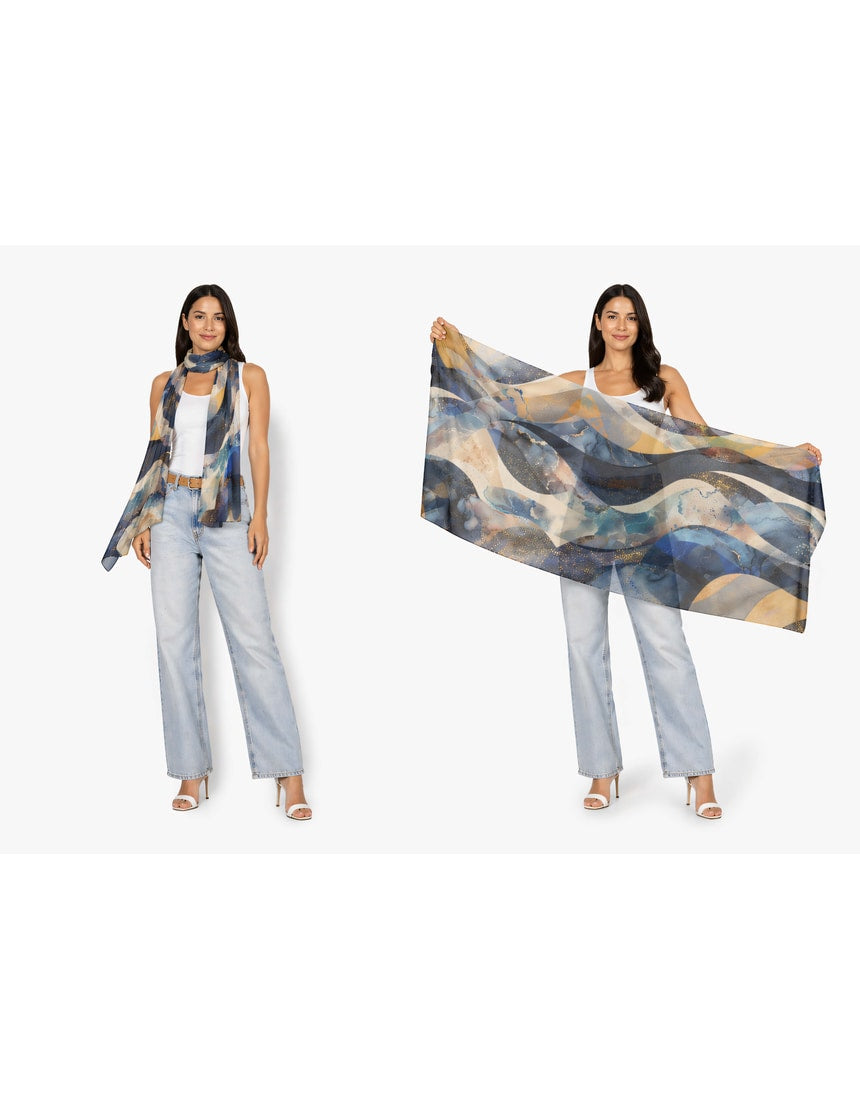 Silk chiffon scarf from The Artists Label featuring a celestial waves pattern in soft, flowing fabric.