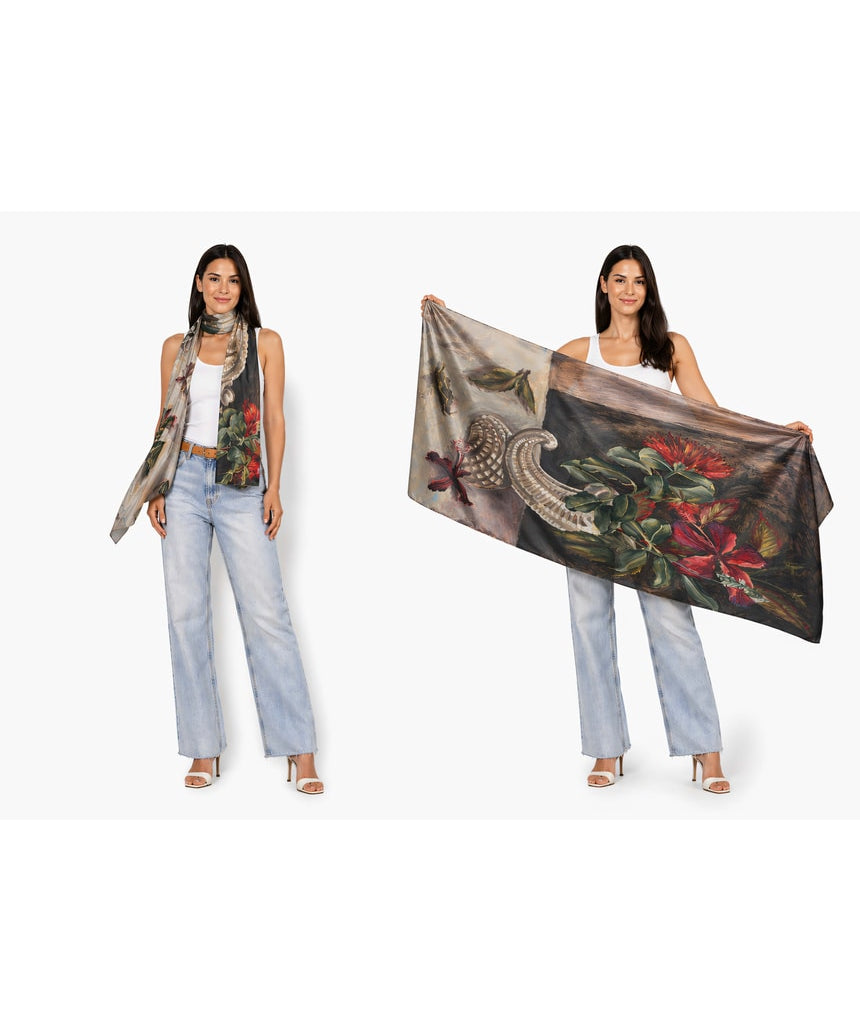 The Artists Label silk chiffon scarf featuring a vibrant Nas in a Vase design, showcasing intricate artwork and colorful fabric.