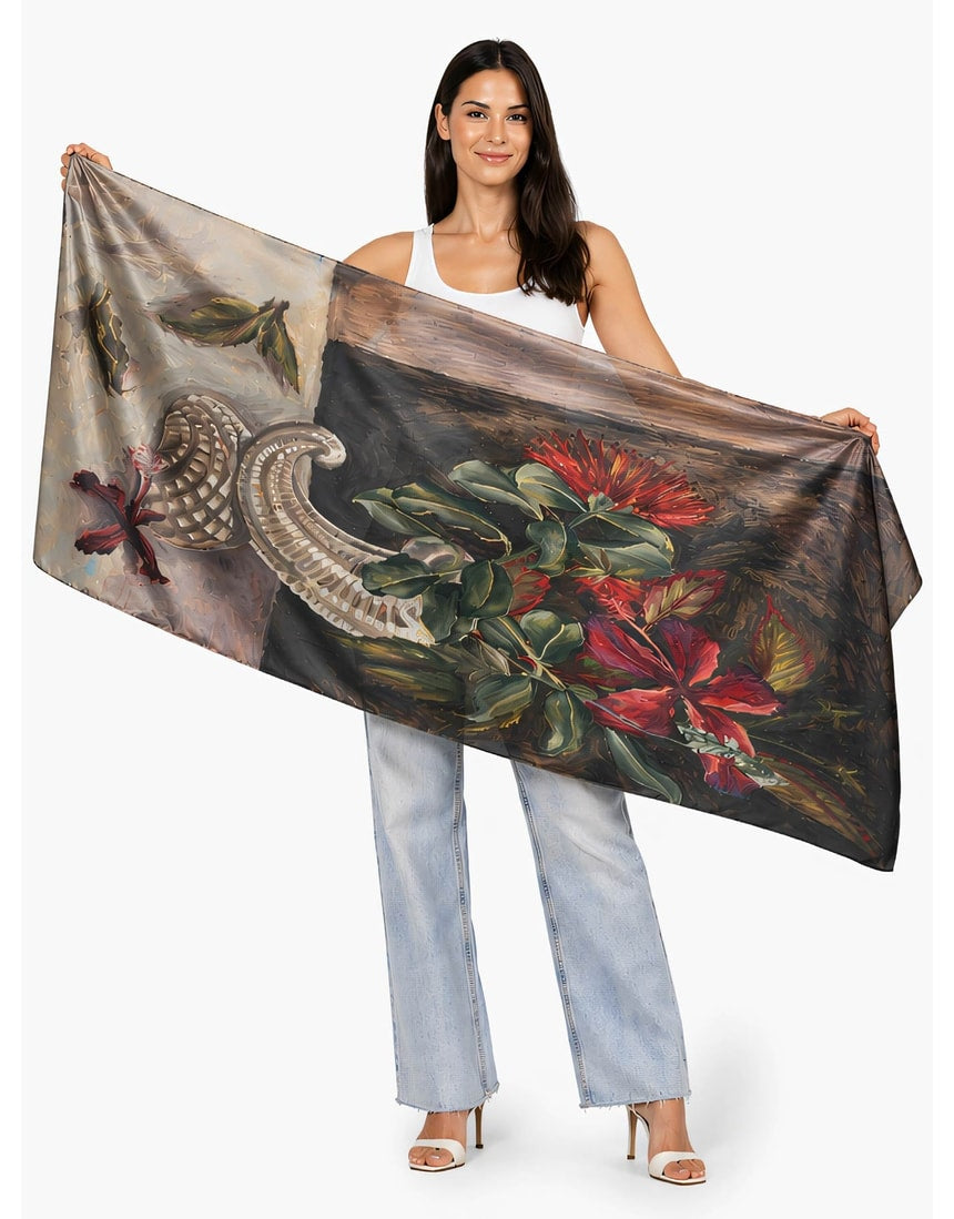 Silk chiffon scarf by The Artists Label featuring a vibrant "Nas in a Vase" design with colorful floral artwork.