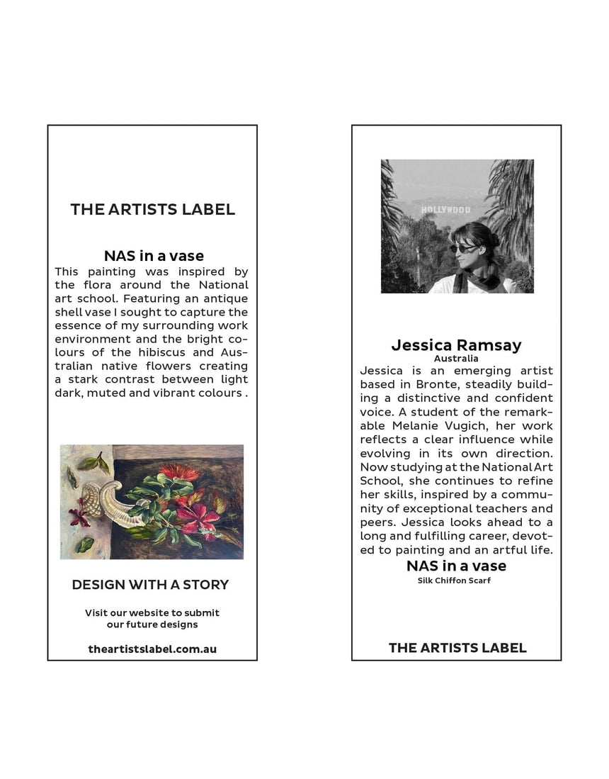 The Artists Label silk chiffon scarf featuring a Nas In A Vase design, showcasing vibrant colors and intricate artwork.