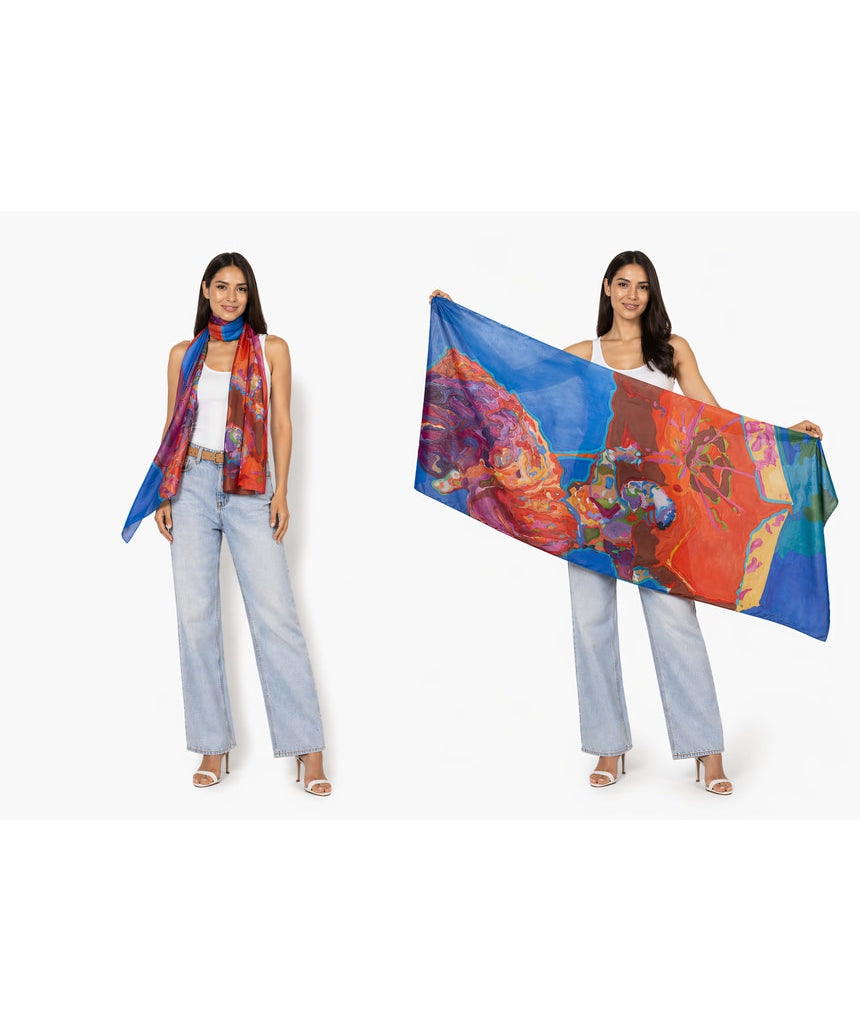 The Artists Label Take It Away Sibyl silk chiffon scarf featuring vibrant floral patterns and lightweight, flowing fabric.