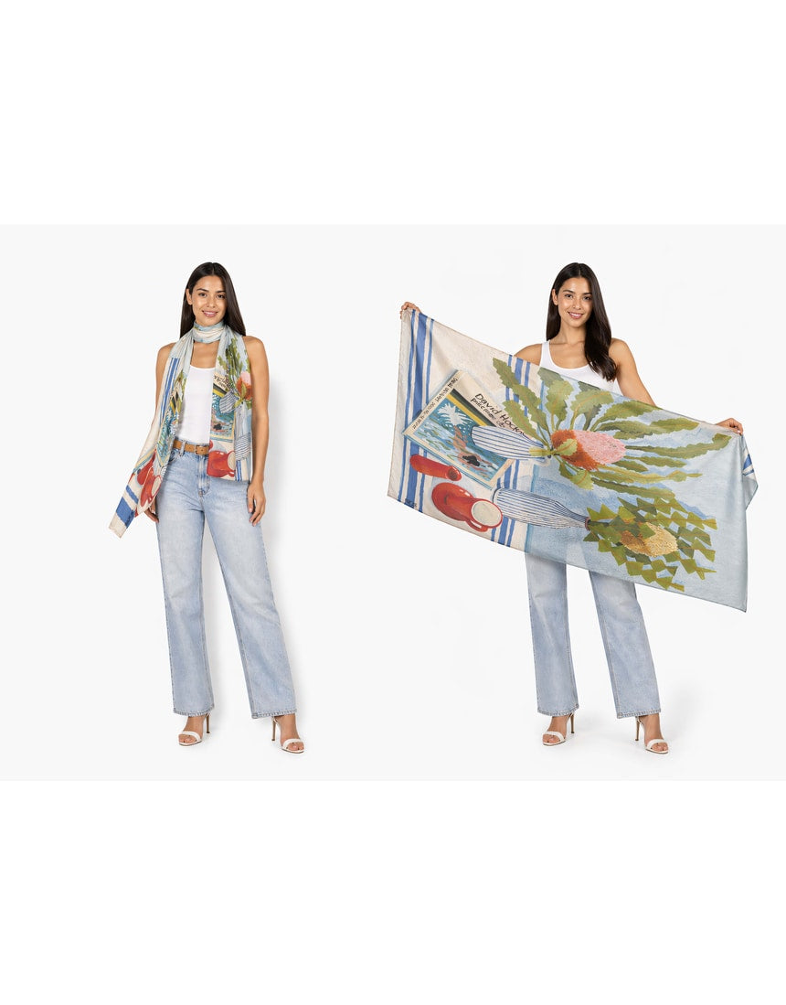 Silk chiffon scarf by The Artists Label featuring vibrant Banksias and Hockney-inspired floral design.
