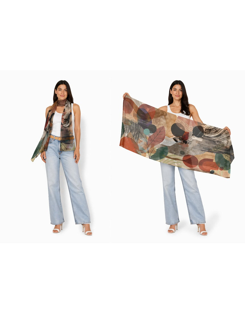 The Artists Label Atelier viscose modal scarf featuring a soft, flowing fabric with a stylish, artistic pattern in vibrant colors.
