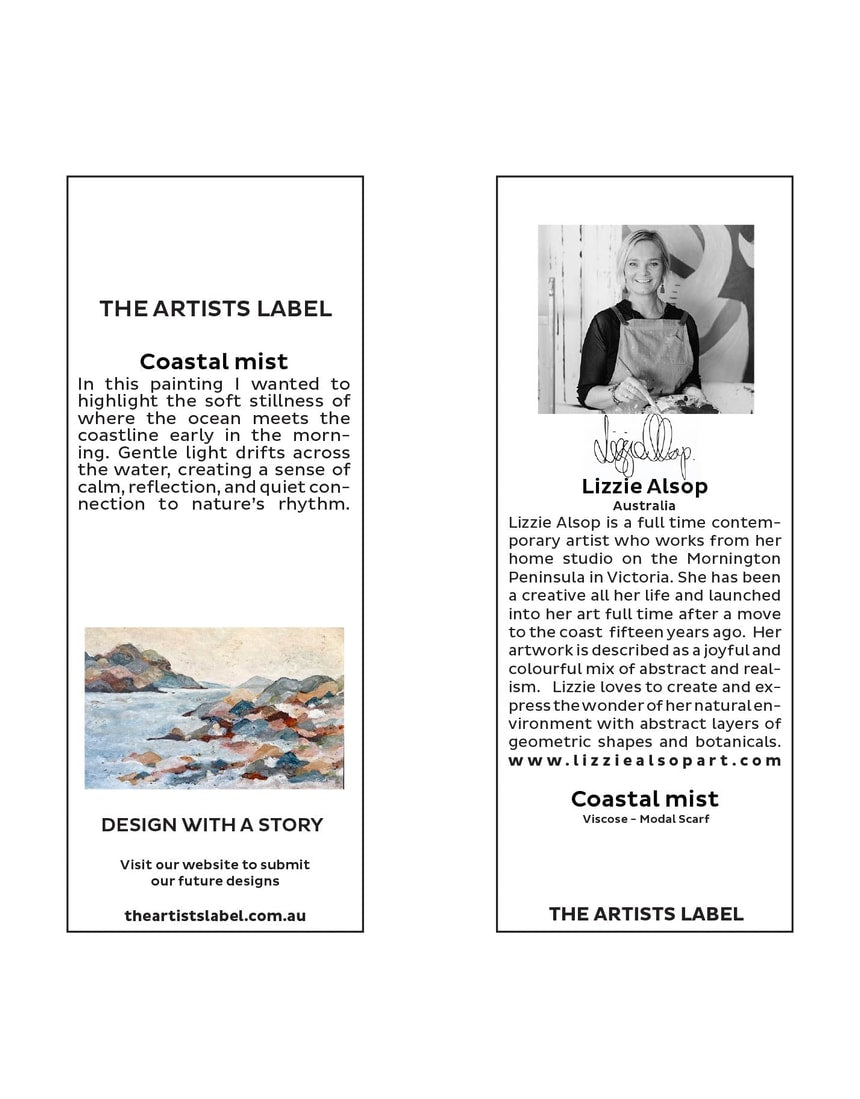 The Artists Label Coastal Mist viscose modal scarf featuring soft, flowing fabric with a subtle misty blue and beige pattern.