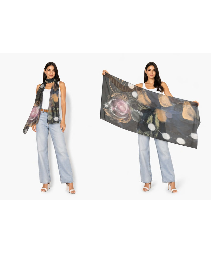 Viscose modal scarf by The Artists Label featuring a floral pattern with a necklace design, draped to show its lightweight fabric.