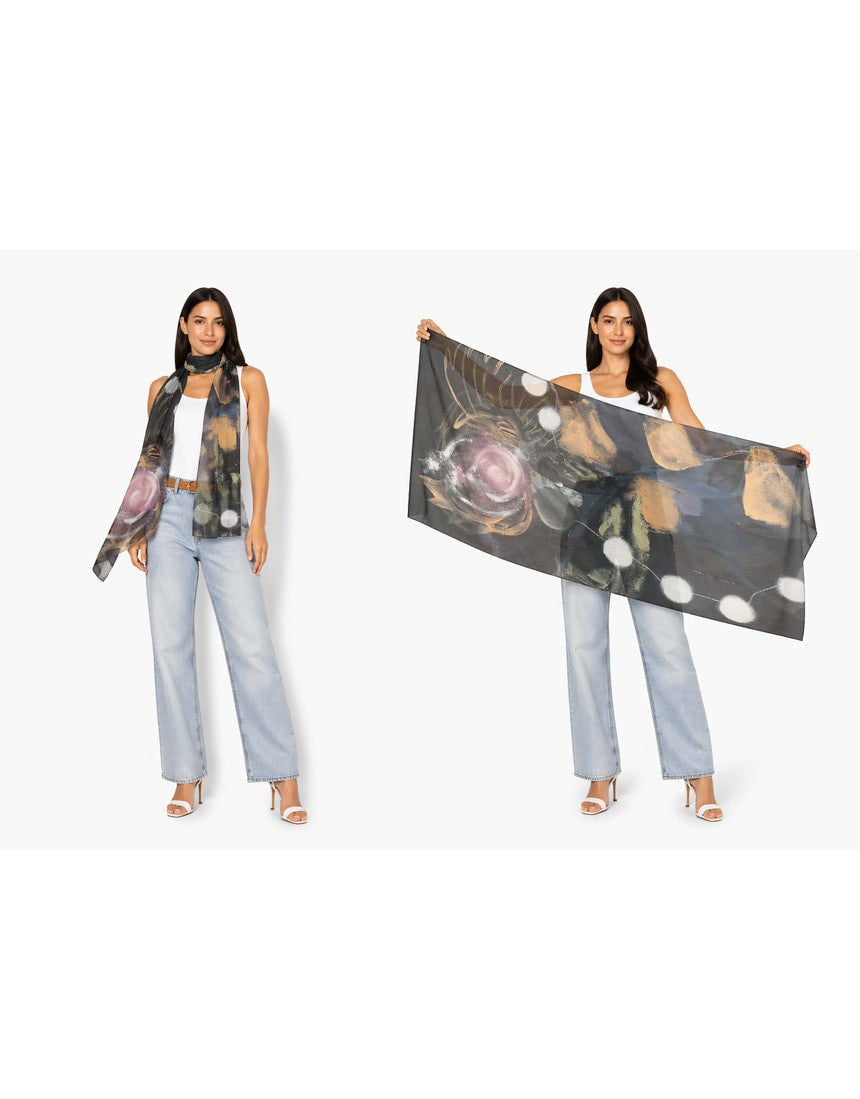 Viscose modal scarf by The Artists Label featuring a floral pattern with a necklace design, draped to show its lightweight fabric.