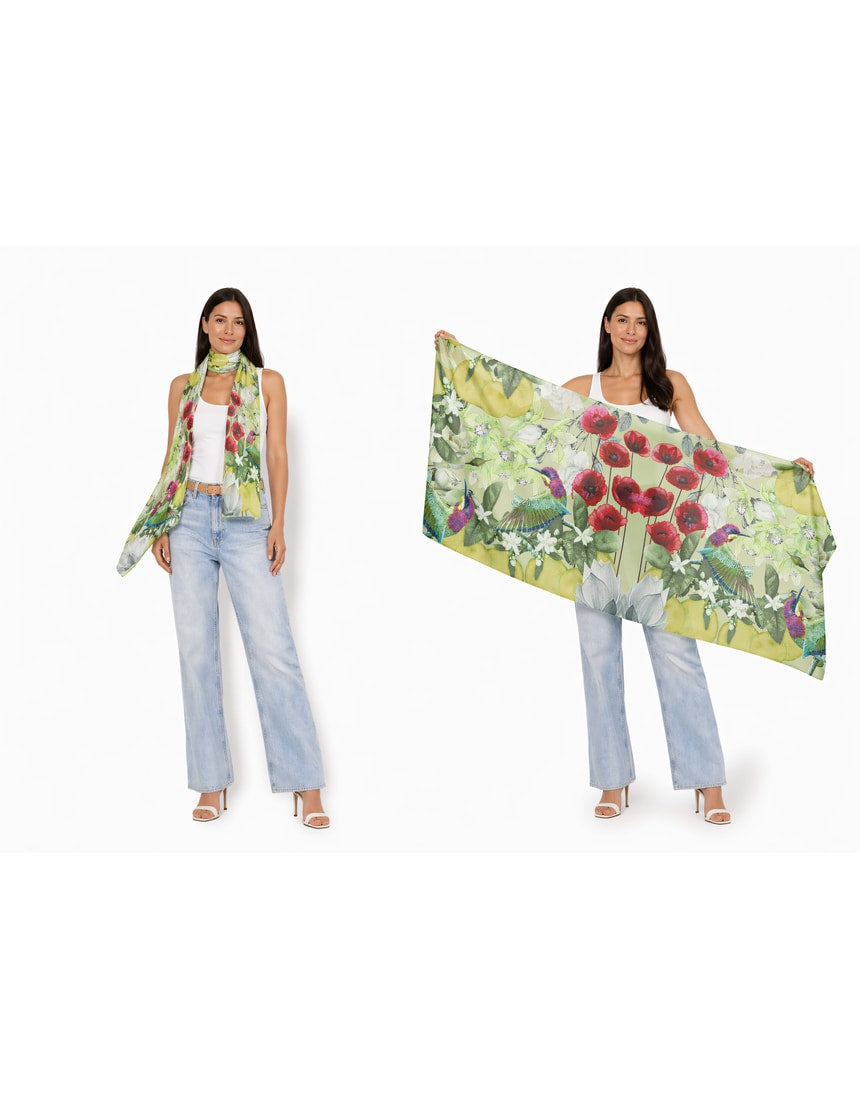 The Artists Label Jardin D’Orange viscose modal scarf featuring vibrant orange and floral patterns, lightweight and soft fabric.