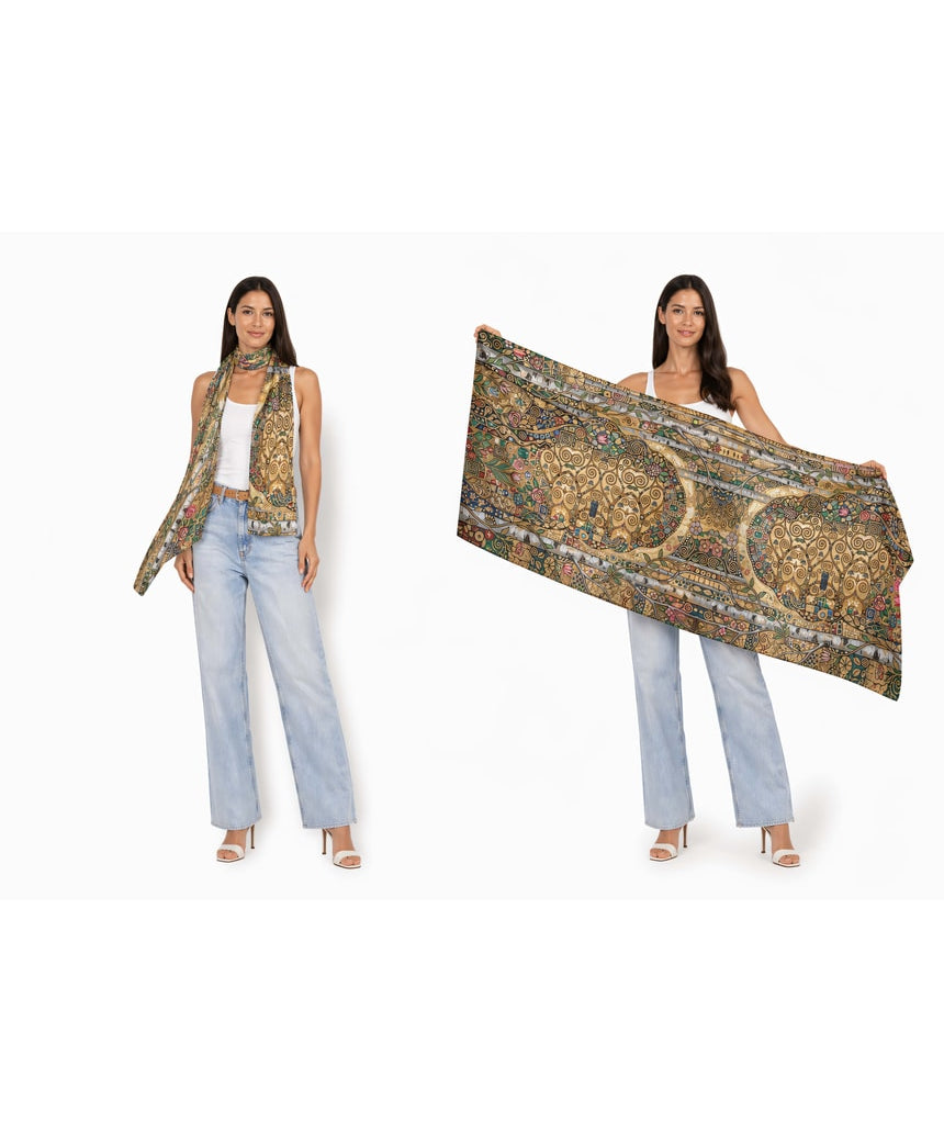 The Artists Label Klimt’s Forest viscose modal scarf featuring a colorful forest design and intricate artistic pattern.