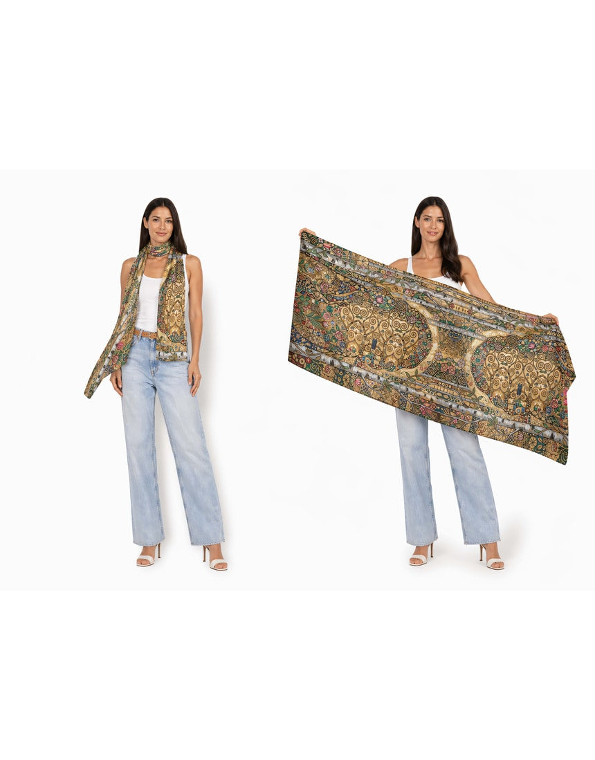 The Artists Label Klimt’s Forest viscose modal scarf featuring a colorful forest design and intricate artistic pattern.
