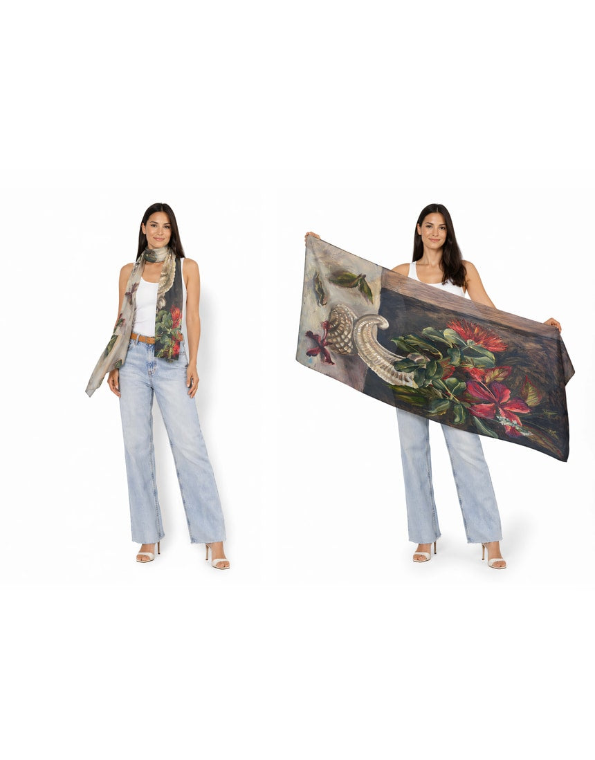 The Artists Label Nas In A Vase viscose modal scarf featuring vibrant floral and abstract artwork in bright colors.