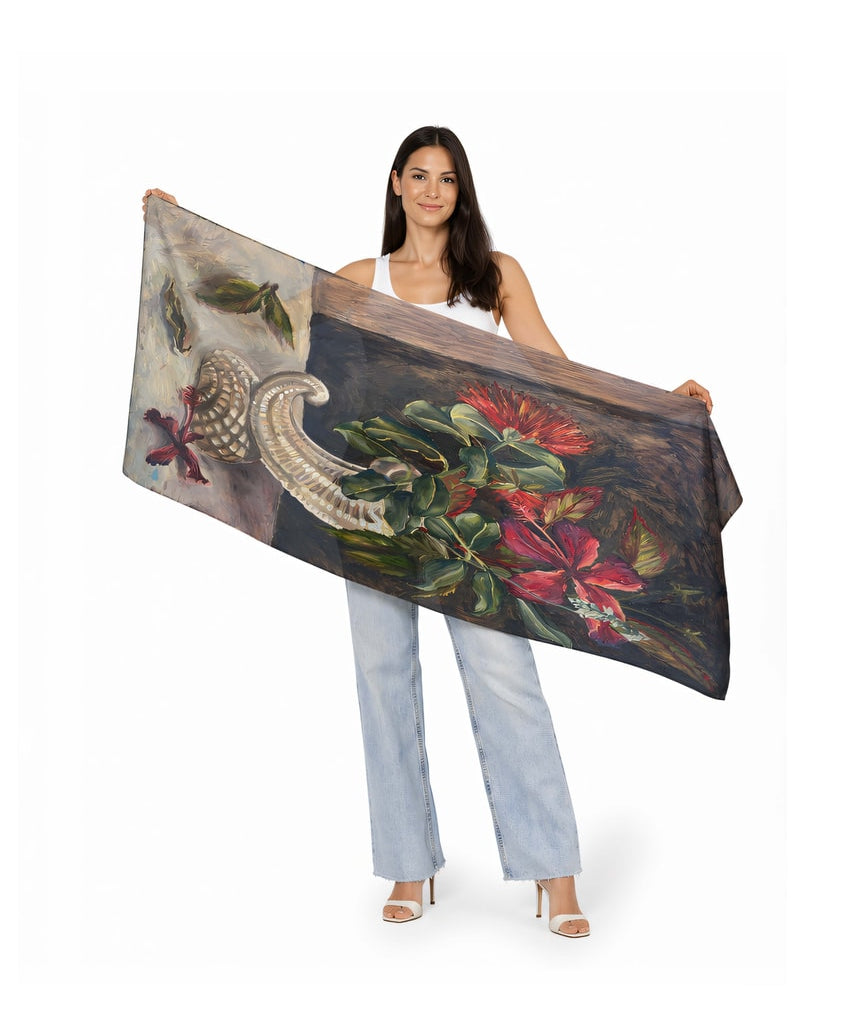 The Artists Label viscose modal scarf featuring a Nas in a Vase design with vibrant colors and artistic pattern.