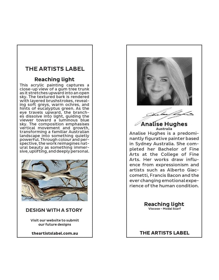 The Artists Label Reaching Light viscose modal scarf with soft, flowing fabric and abstract light-inspired design.