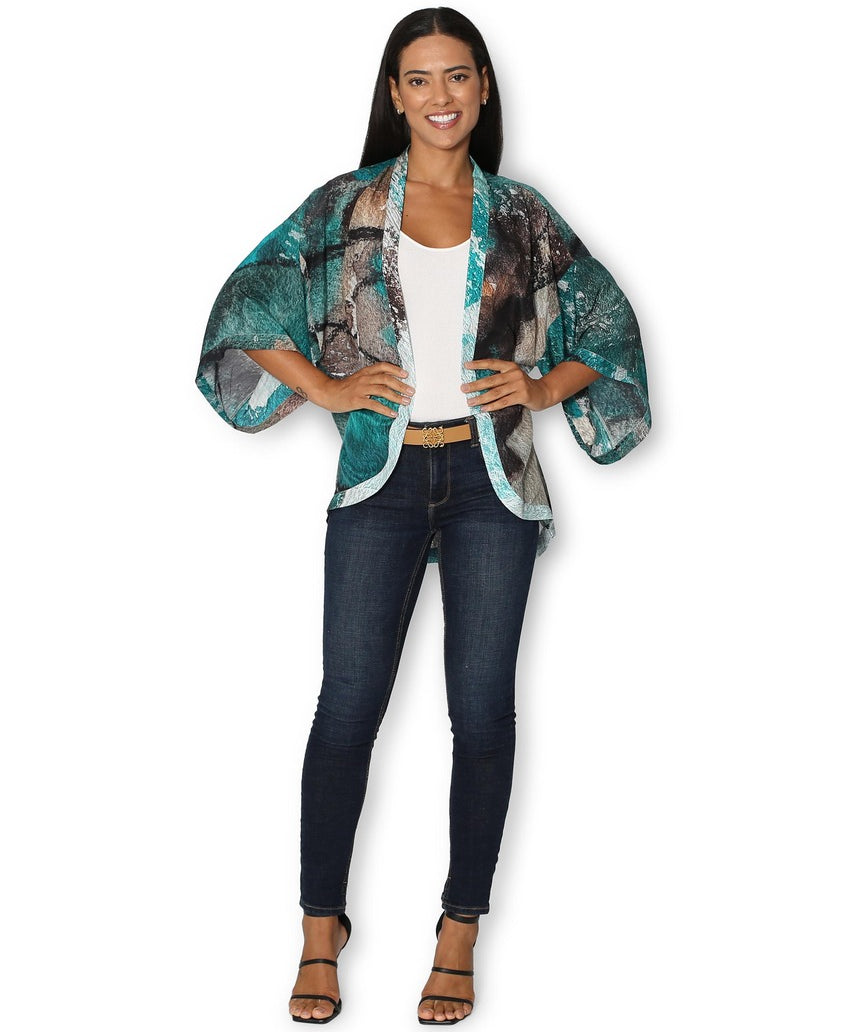 Front view of The Artists Label Winter Dance Silk Kimono showcasing its elegant design and luxurious silk fabric.