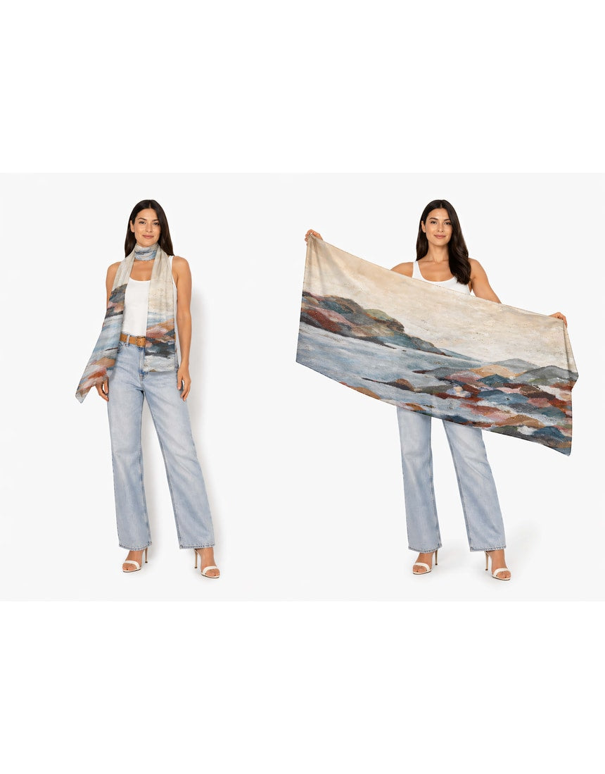 Wool scarf by The Artists Label in Coastal Mist color, featuring soft fabric and stylish design, displayed draped on a neutral background.