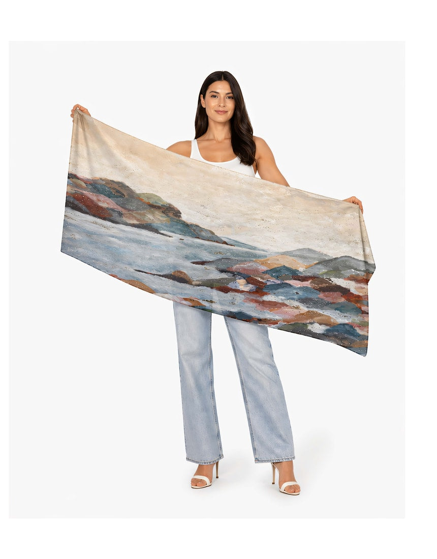 Coastal Mist wool scarf by The Artists Label featuring soft, lightweight fabric with a subtle, ocean-inspired pattern.