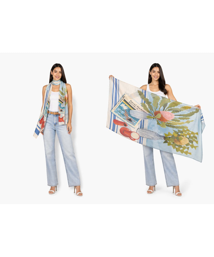 Wool scarf from The Artists Label featuring artistic Banksias and Hockney-inspired design, vibrant and cozy accessory.