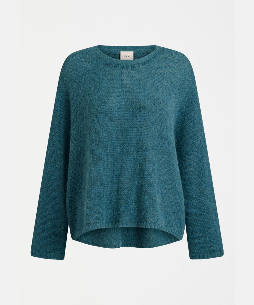 Elk Agna Sweater in stone blue, a cozy knitted clothing item with a textured pattern, displayed on a plain background.