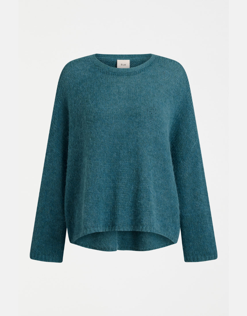 Elk Agna Sweater in stone blue, a cozy knitted clothing item with a textured pattern, displayed on a plain background.