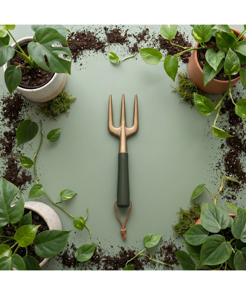 Green We The Wild hand fork garden tool with ergonomic handle, ideal for planting and cultivating in the garden.