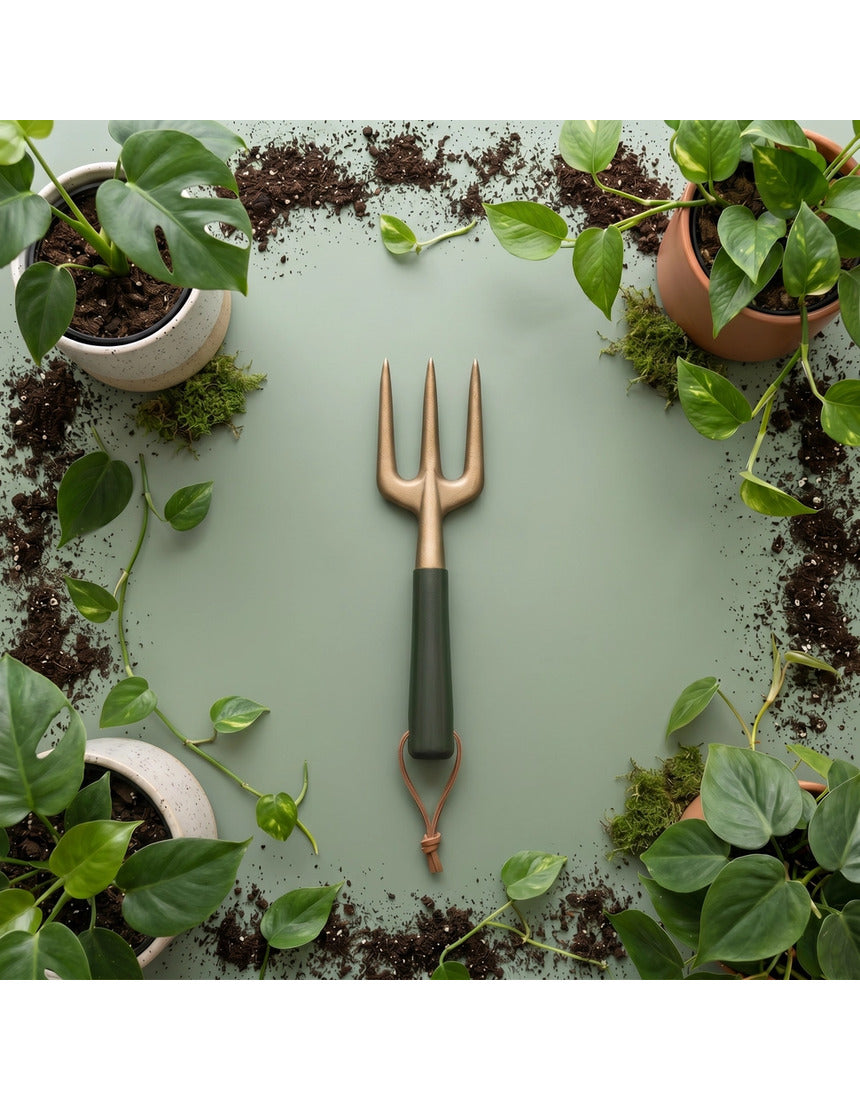 Green We The Wild hand fork garden tool with ergonomic handle, ideal for planting and cultivating in the garden.