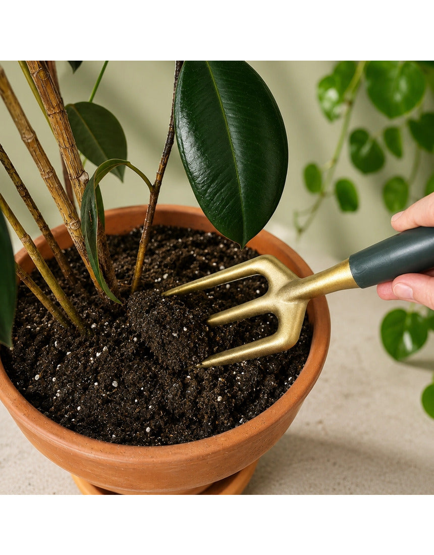 Green We The Wild hand fork garden tool with a sturdy handle and tines, ideal for planting and cultivating in the garden.